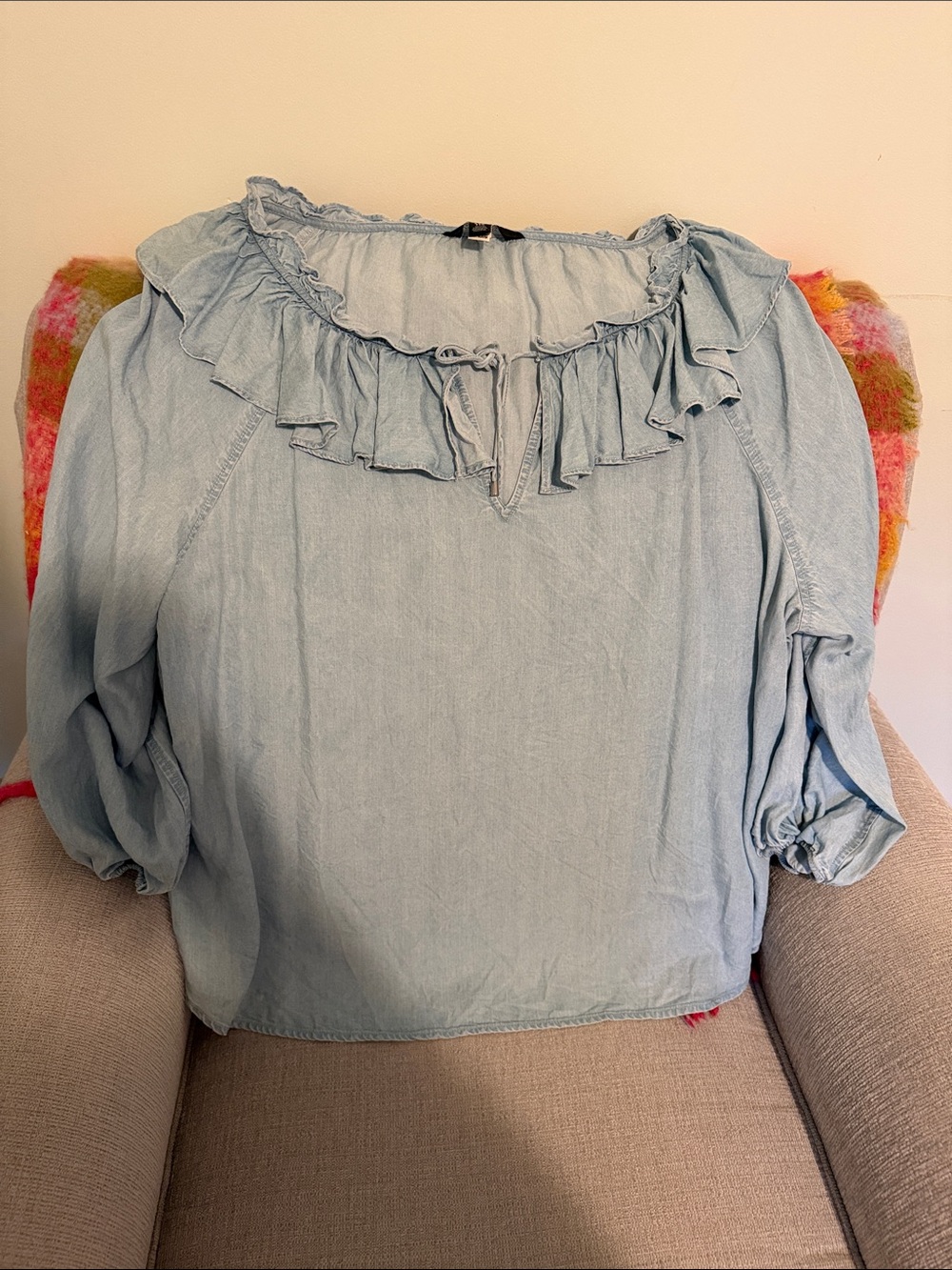 Brand New Ralph Lauren Light Blue Ruffle-Trim Blouse